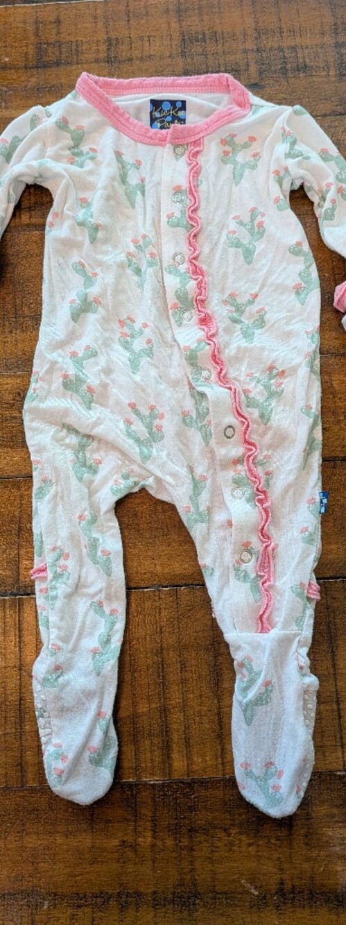 Kickee Pants White Footed One-Piece with Pink Trim and Mint Cactus Print 0-3m